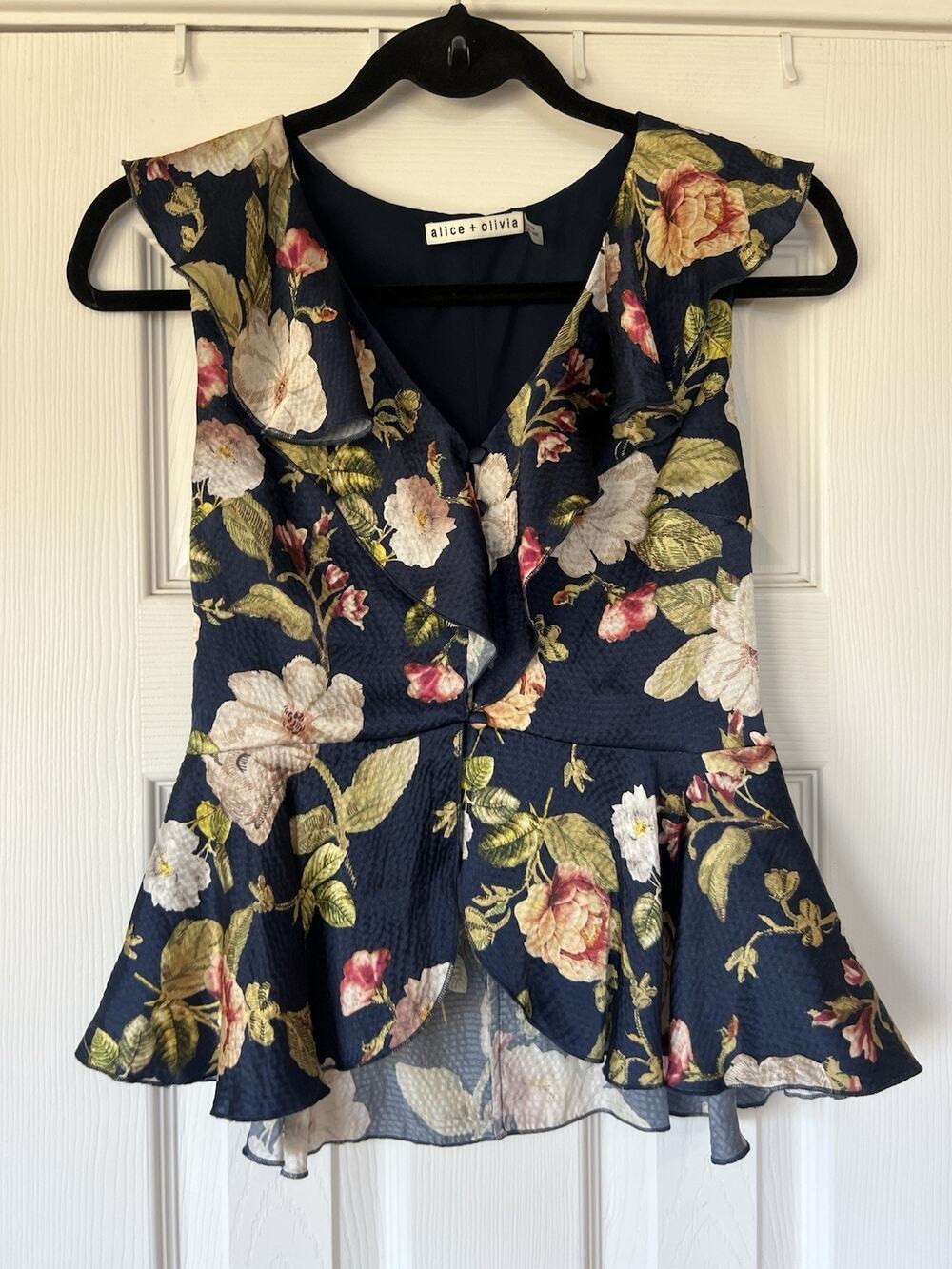 New Alice + Olivia Women's Nora Silk Blouse In Hazy Floral Sapphire Blue Sz 0 XS